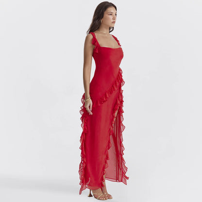 Women’s Sexy Backless Maxi Dress – Elegant Red High Slit Summer Party Evening Dress