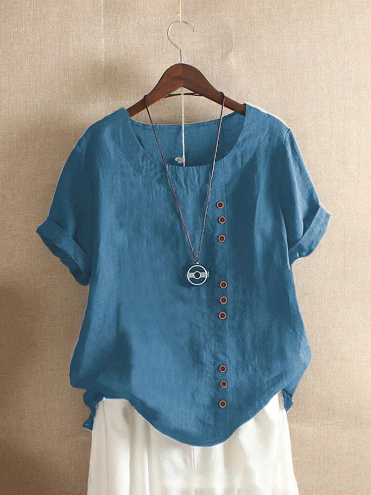 18 Colors S-5XL Women Cotton Linen Button Blouse Summer Female O-Neck Short Sleeve Solid Shirt Tops