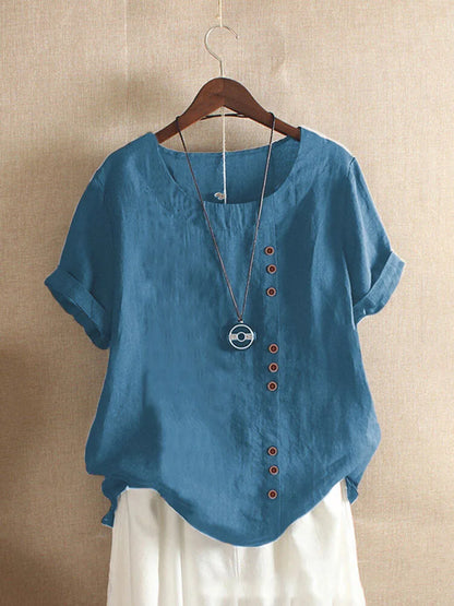 18 Colors S-5XL Women Cotton Linen Button Blouse Summer Female O-Neck Short Sleeve Solid Shirt Tops
