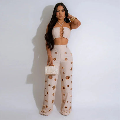 Women’s Sexy 2 Piece Club Outfit – Halter Crop Top & High Waist Pants Set | Party, Festival & Nightwear Fashion