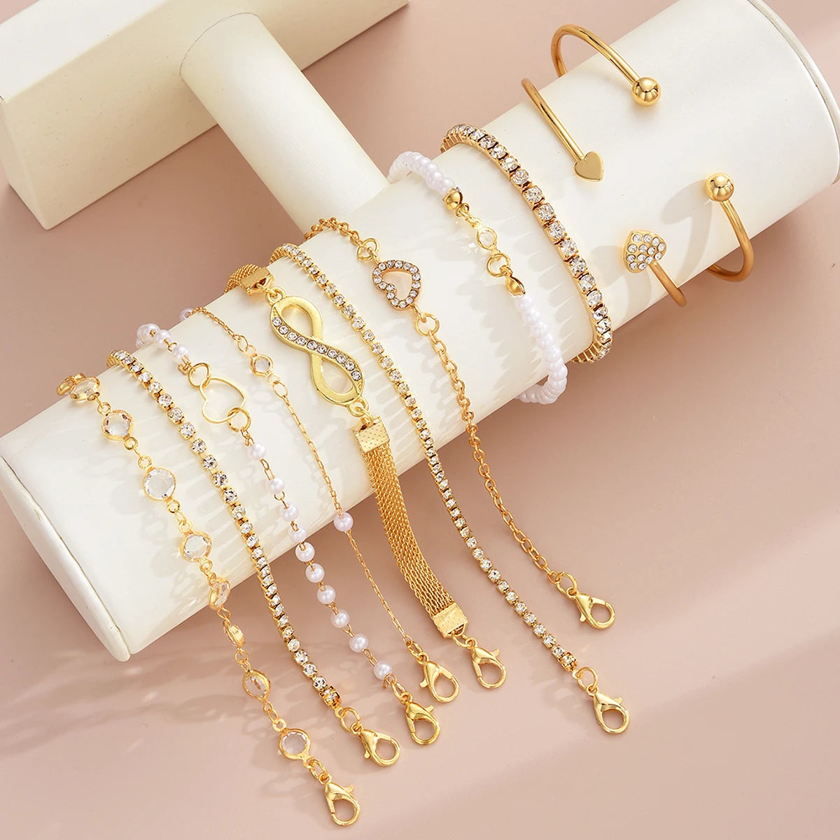 11 Piece Pearl Crystal Heart and Infinity Layered Bracelet Set for Women