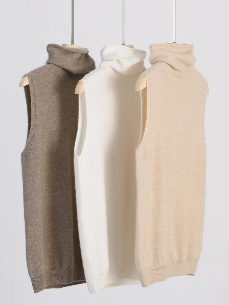 Womens Merino Wool Turtleneck Sweater Vest Sleeveless Knit Top