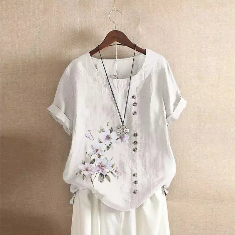Women's Cotton Linen Floral Print Blouse – Summer Short Sleeve Loose Vintage Tunic Shirt Top