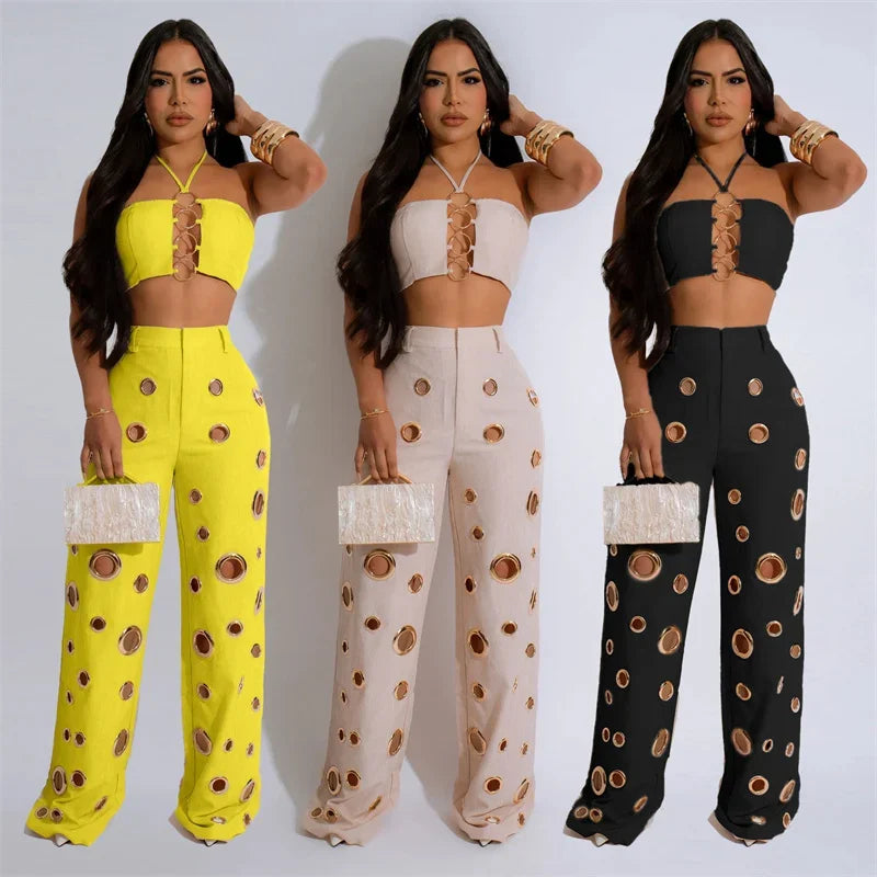 Women’s Sexy 2 Piece Club Outfit – Halter Crop Top & High Waist Pants Set | Party, Festival & Nightwear Fashion