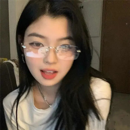 Transparent Rimless Rectangle Shades Glass Women Harajuku Blocking Glasses Frameless Anti-blue Optical Eyeglass Eyewear