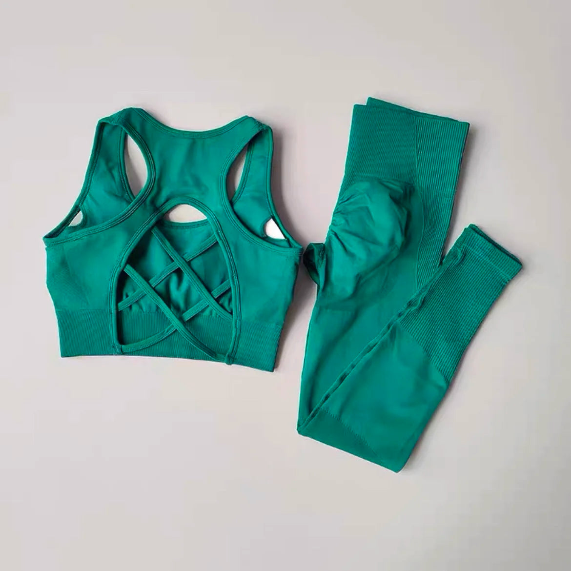 Women’s Seamless Yoga Set – Sexy Open Back Sports Bra & High Waist Scrunch Leggings Gym Outfit