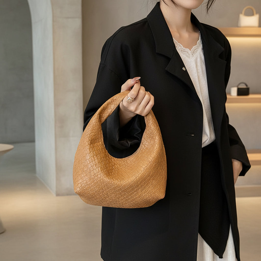 Women Woven Embossed Hobo Shoulder Bag Soft Premium Leather Handbag