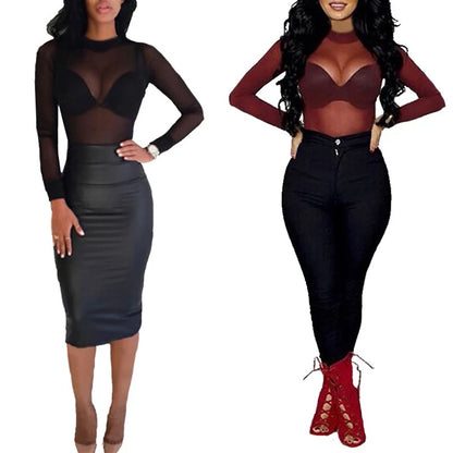 Sexy Women T Shirt See Through Transparent Mesh Tops Long Sleeve Sheer Slim Ladies Turtleneck T-Shir