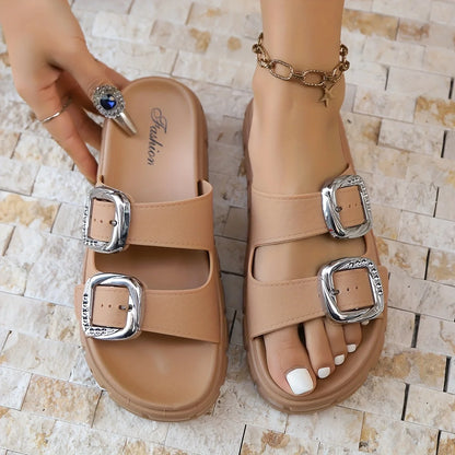 Women’s Thick Sole Sandals with Adjustable Straps – Leather Flip Flops with Metal Ankle Buckle, Comfortable Platform Summer Beach Slides for Casual Outdoor Walking & Vacation Wear