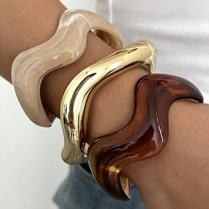 3PCS Resin Wave Bangle Set for Women, Chunky Irregular Cuff Bracelets, Minimalist Stackable Wristbands, Trendy Statement Jewelry Gift