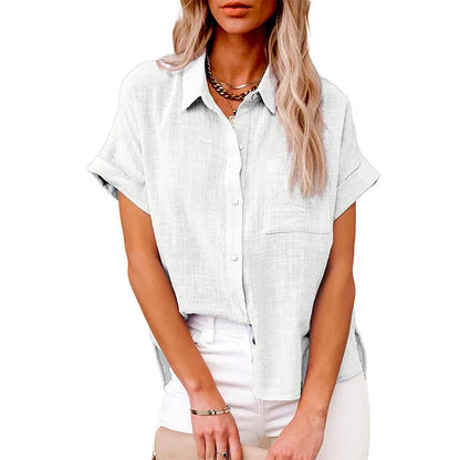 Women's Linen Button Down Shirt Casual Loose Fit Short Sleeve Blouse with Pocket Summer Lightweight Top