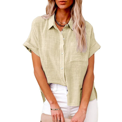 Women's Linen Button Down Shirt Casual Loose Fit Short Sleeve Blouse with Pocket Summer Lightweight Top