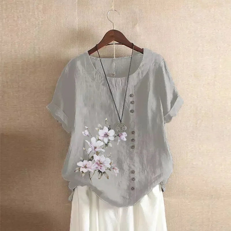 Women's Cotton Linen Floral Print Blouse – Summer Short Sleeve Loose Vintage Tunic Shirt Top