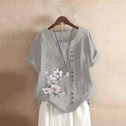 Women's Cotton Linen Floral Print Blouse – Summer Short Sleeve Loose Vintage Tunic Shirt Top