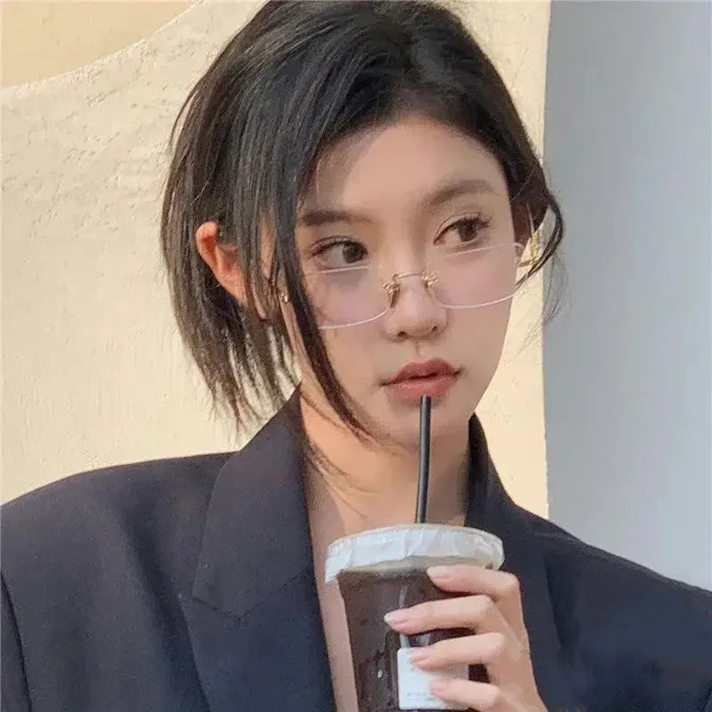 Transparent Rimless Rectangle Shades Glass Women Harajuku Blocking Glasses Frameless Anti-blue Optical Eyeglass Eyewear