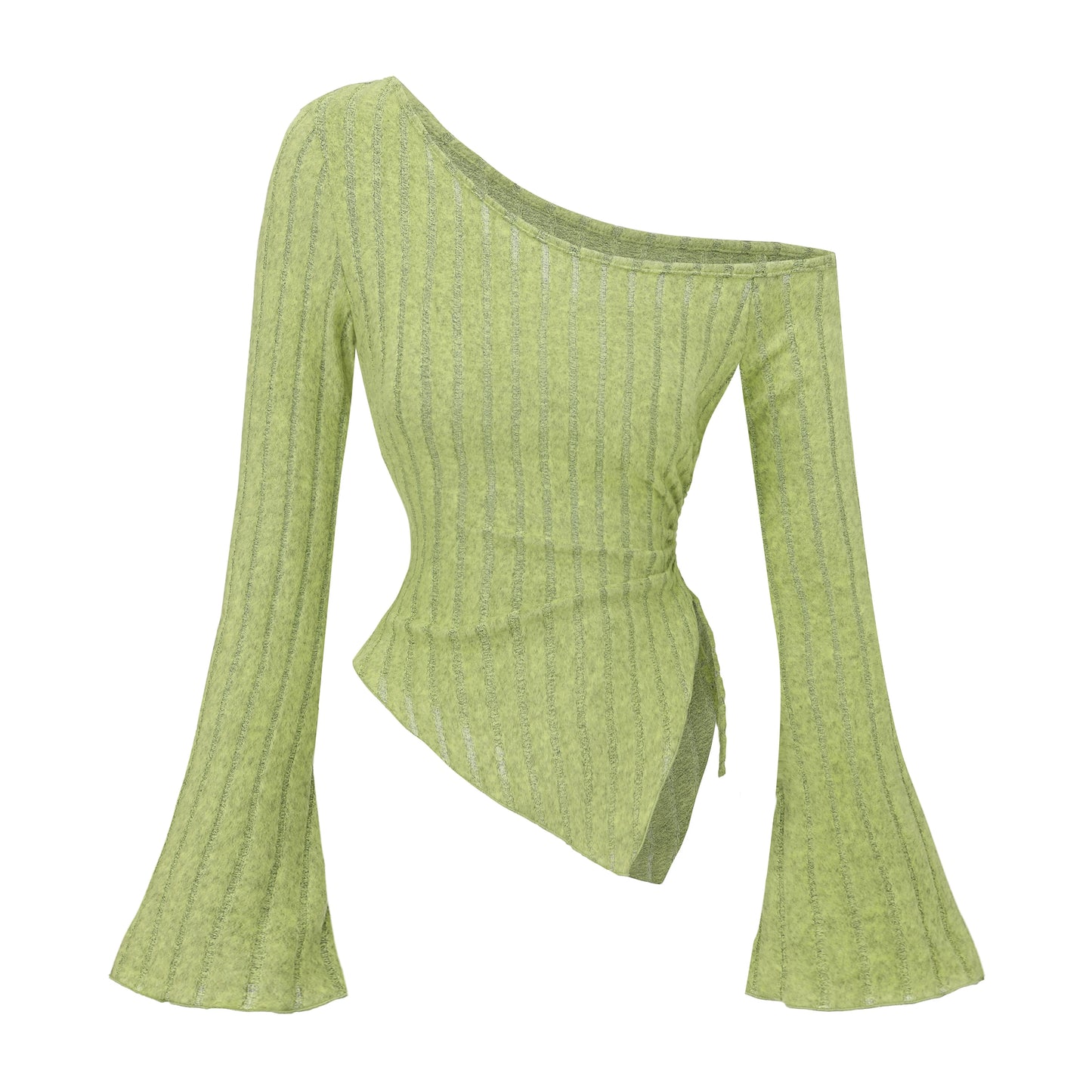 Women's Off Shoulder Asymmetrical Ribbed Long Sleeve Top – Ruched Slim Fit Bell Sleeve Y2K Streetwear Going Out Shirt