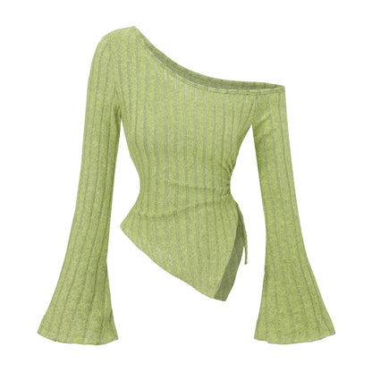 Women's Off Shoulder Asymmetrical Ribbed Long Sleeve Top – Ruched Slim Fit Bell Sleeve Y2K Streetwear Going Out Shirt
