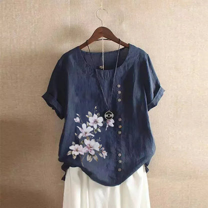 Women's Cotton Linen Floral Print Blouse – Summer Short Sleeve Loose Vintage Tunic Shirt Top