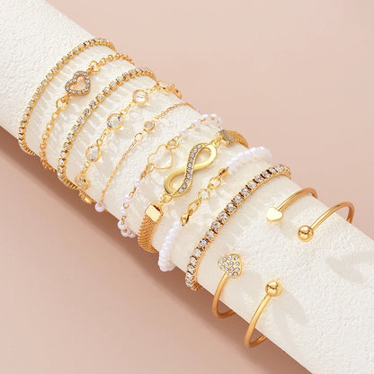 11 Piece Pearl Crystal Heart and Infinity Layered Bracelet Set for Women