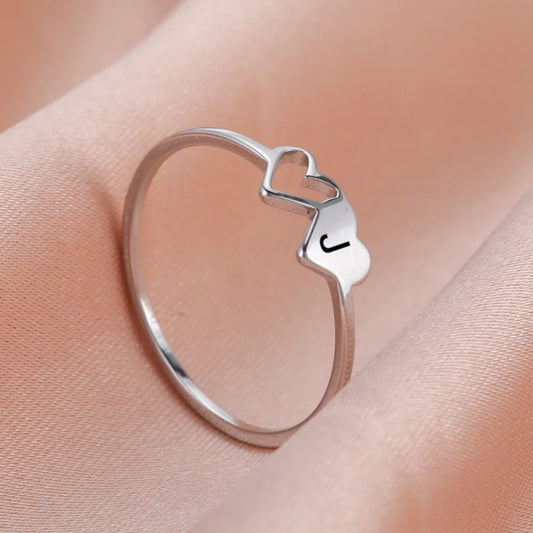 Womens Stainless Steel Alphabet Initial Open Heart Ring Jewelry