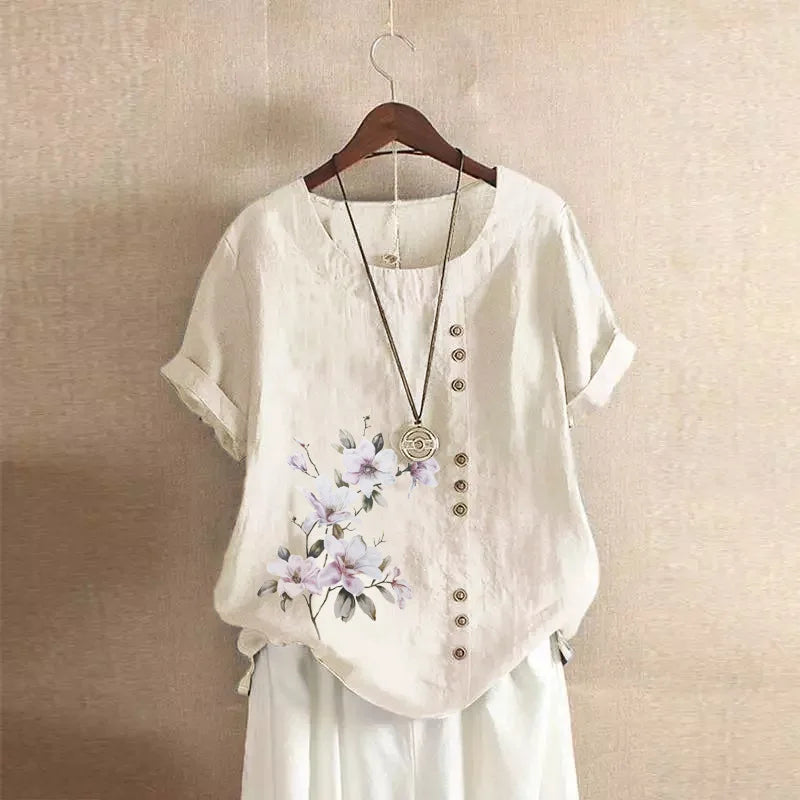 Women's Cotton Linen Floral Print Blouse – Summer Short Sleeve Loose Vintage Tunic Shirt Top