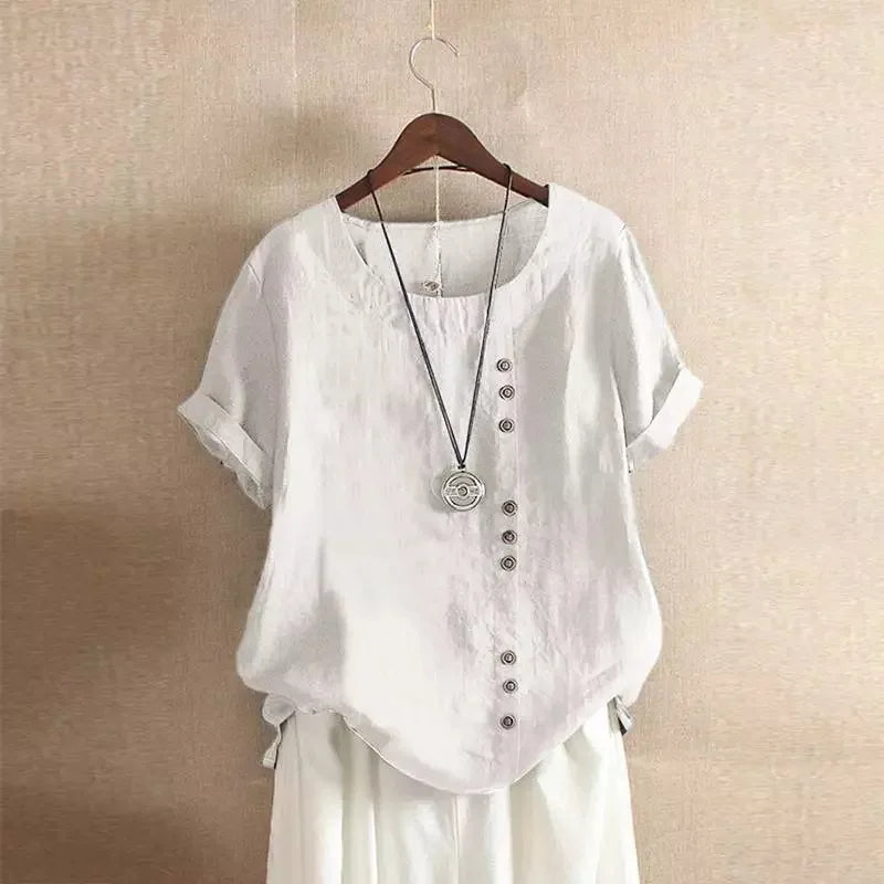 18 Colors S-5XL Women Cotton Linen Button Blouse Summer Female O-Neck Short Sleeve Solid Shirt Tops