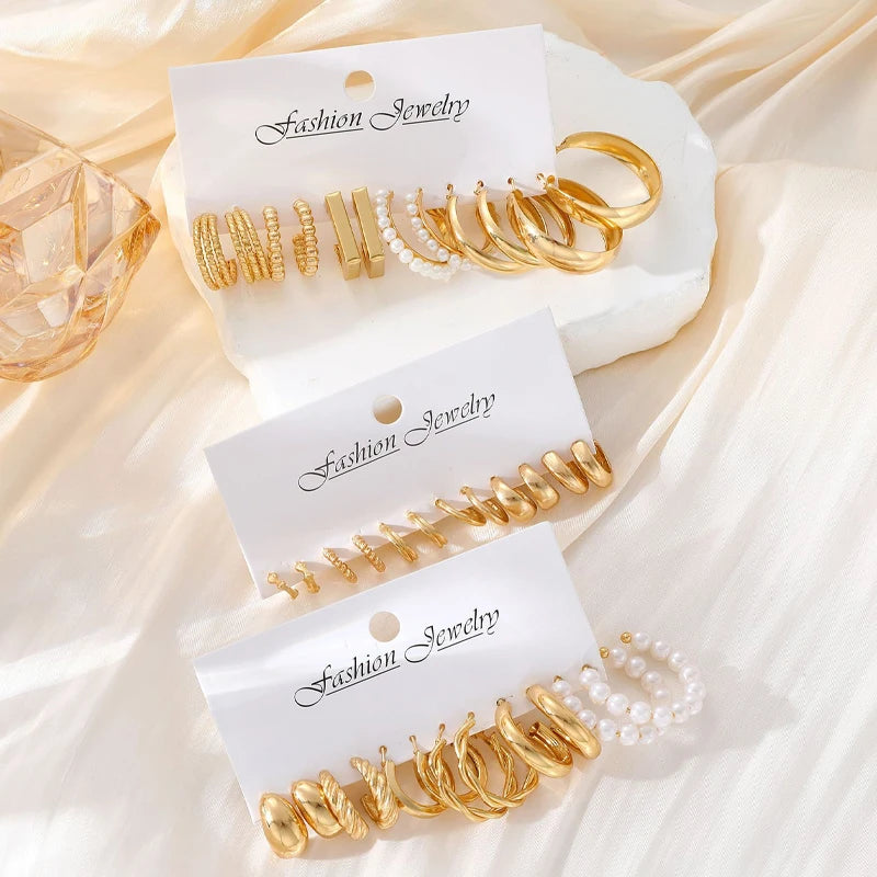 Gold Geometric Hoop Earrings for Women with Pearl Accents and Textured Styles