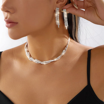 Women’s Luxury Rhinestone Jewelry Set – Double Layer Choker, Bracelet & Stud Earrings