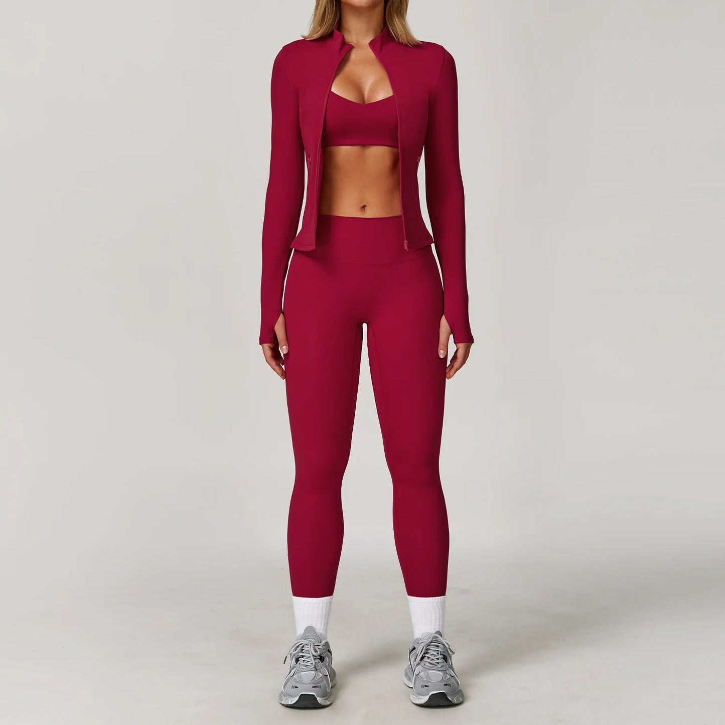 Women's 2/3PCS Yoga Set Workout Clothes Long Sleeve Sports Bra Leggings Gym Running Activewear Outfit