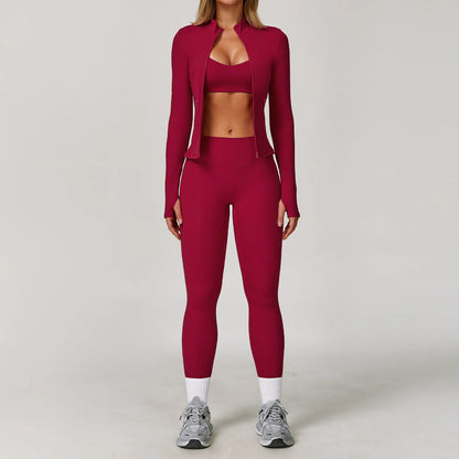 Women's 2/3PCS Yoga Set Workout Clothes Long Sleeve Sports Bra Leggings Gym Running Activewear Outfit
