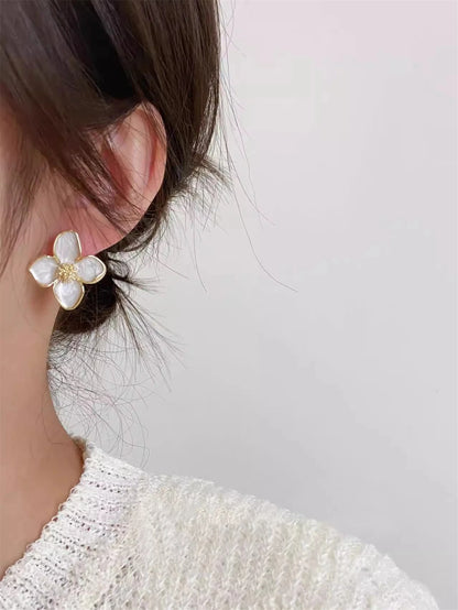 Hibiscus Flower Stud Earrings for Women and Girls–Dropped Glaze Floral Design, French Vintage Inspired, Romantic Wedding Jewelry Gift