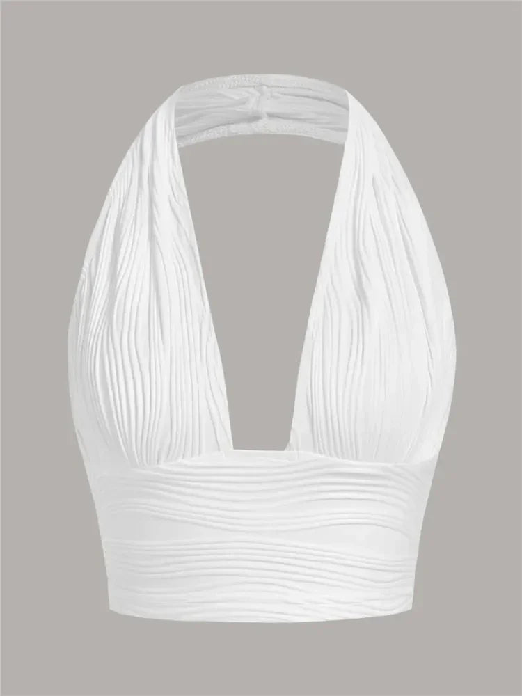 Women's White Backless Halter Crop Top - Deep V Neck Sleeveless Y2K Tank Top, Sexy Club Streetwear Summer Going Out Top