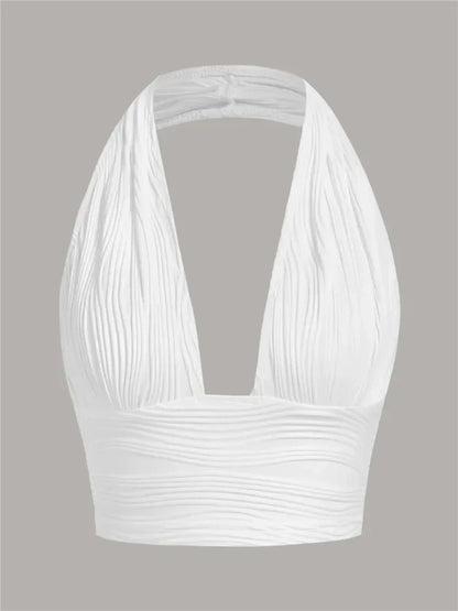 Women's White Backless Halter Crop Top - Deep V Neck Sleeveless Y2K Tank Top, Sexy Club Streetwear Summer Going Out Top