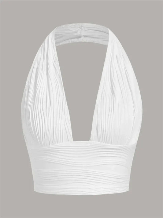 Women's White Backless Halter Crop Top - Deep V Neck Sleeveless Y2K Tank Top, Sexy Club Streetwear Summer Going Out Top