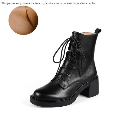 Women’s Genuine Leather Ankle Boots – Lace-Up, Platform, Chunky Heel, Round Toe