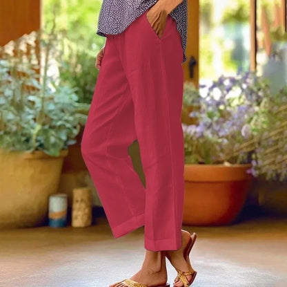 Women's Linen Blend Pants – High Waisted Elastic Waist Loose Straight Leg Trousers with Pockets | Summer Casual Beach Wide Leg Pants (18 Colors)