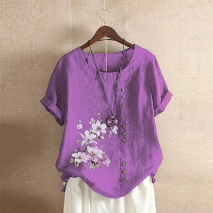 Women's Cotton Linen Floral Print Blouse – Summer Short Sleeve Loose Vintage Tunic Shirt Top