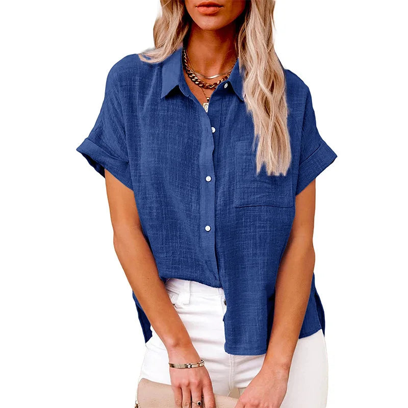Women's Linen Button Down Shirt Casual Loose Fit Short Sleeve Blouse with Pocket Summer Lightweight Top