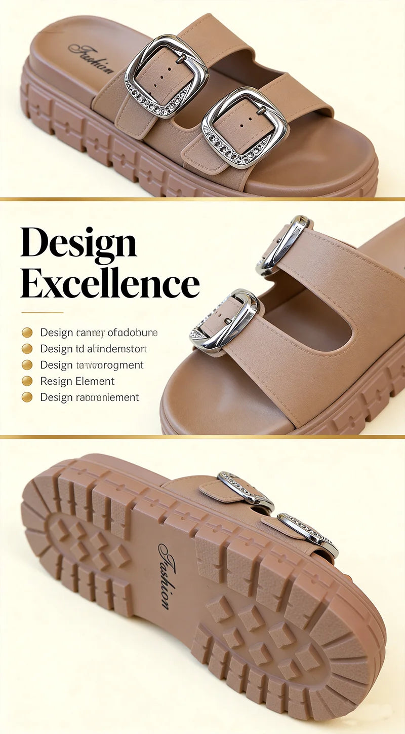 Women’s Thick Sole Sandals with Adjustable Straps – Leather Flip Flops with Metal Ankle Buckle, Comfortable Platform Summer Beach Slides for Casual Outdoor Walking & Vacation Wear