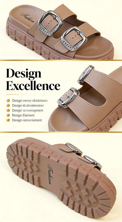 Women’s Thick Sole Sandals with Adjustable Straps – Leather Flip Flops with Metal Ankle Buckle, Comfortable Platform Summer Beach Slides for Casual Outdoor Walking & Vacation Wear