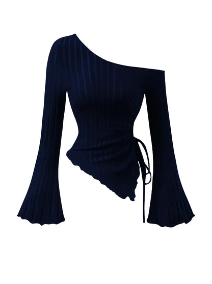 Women's Off Shoulder Asymmetrical Ribbed Long Sleeve Top – Ruched Slim Fit Bell Sleeve Y2K Streetwear Going Out Shirt