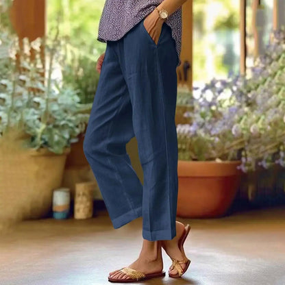 Women's Linen Blend Pants – High Waisted Elastic Waist Loose Straight Leg Trousers with Pockets | Summer Casual Beach Wide Leg Pants (18 Colors)