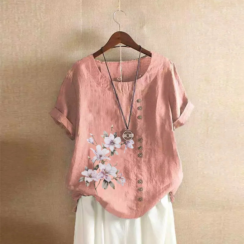 Women's Cotton Linen Floral Print Blouse – Summer Short Sleeve Loose Vintage Tunic Shirt Top