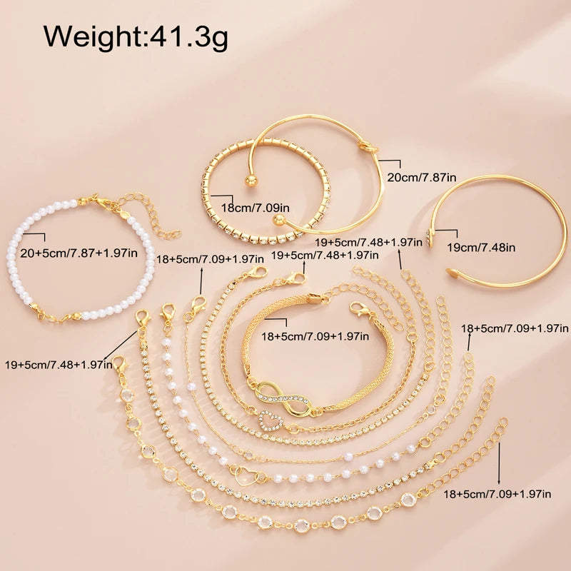11 Piece Pearl Crystal Heart and Infinity Layered Bracelet Set for Women