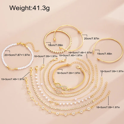 11 Piece Pearl Crystal Heart and Infinity Layered Bracelet Set for Women