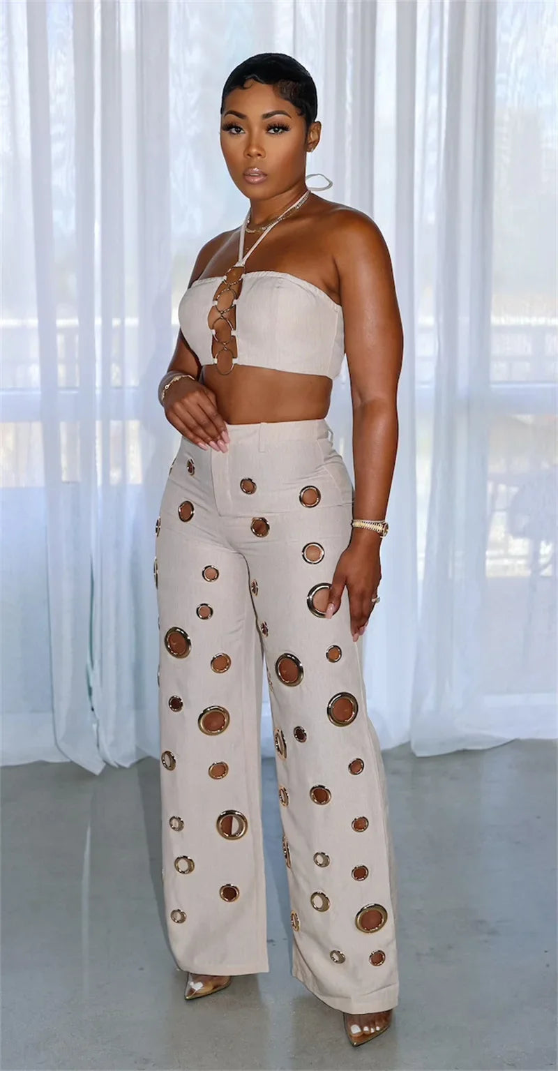 Women’s Sexy 2 Piece Club Outfit – Halter Crop Top & High Waist Pants Set | Party, Festival & Nightwear Fashion