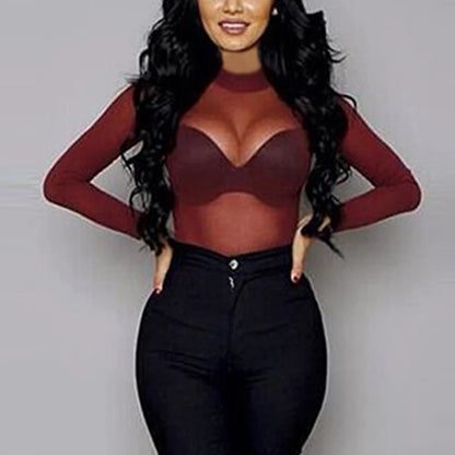Sexy Women T Shirt See Through Transparent Mesh Tops Long Sleeve Sheer Slim Ladies Turtleneck T-Shir