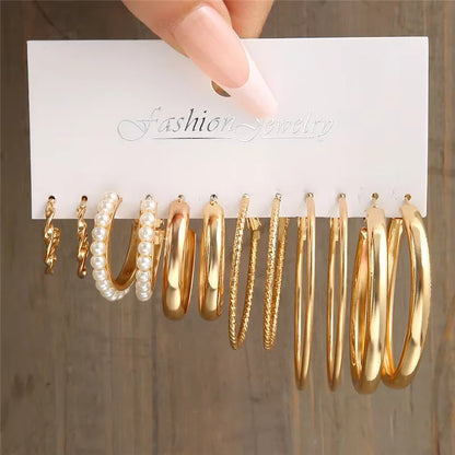 Gold Geometric Hoop Earrings for Women with Pearl Accents and Textured Styles