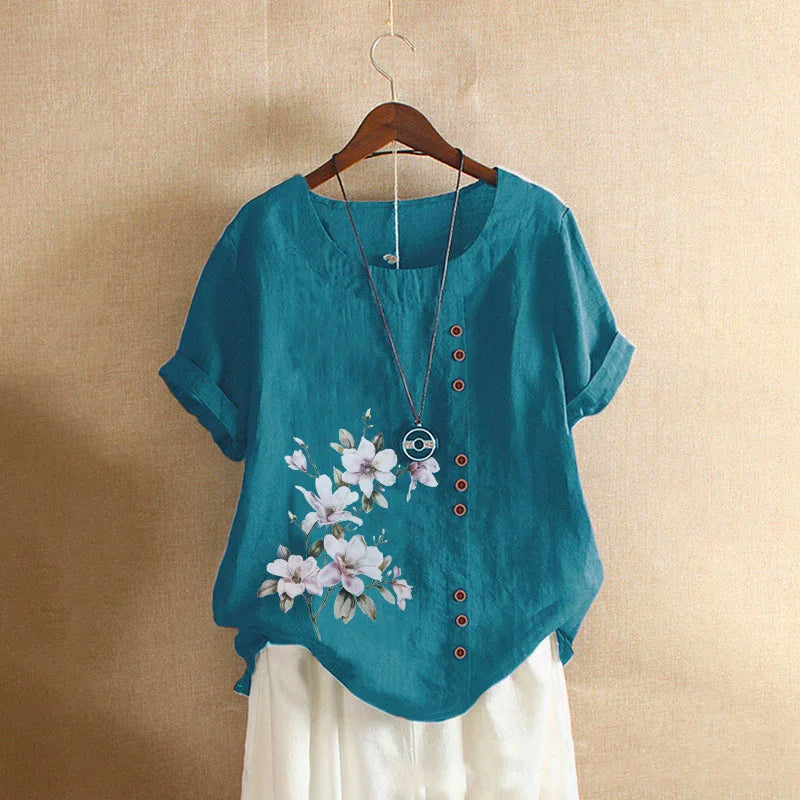 Women's Cotton Linen Floral Print Blouse – Summer Short Sleeve Loose Vintage Tunic Shirt Top