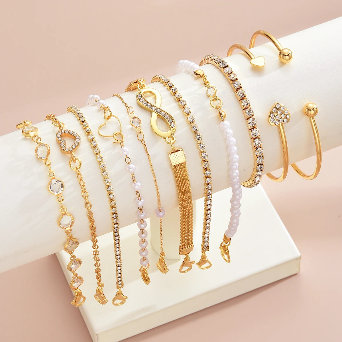 11 Piece Pearl Crystal Heart and Infinity Layered Bracelet Set for Women